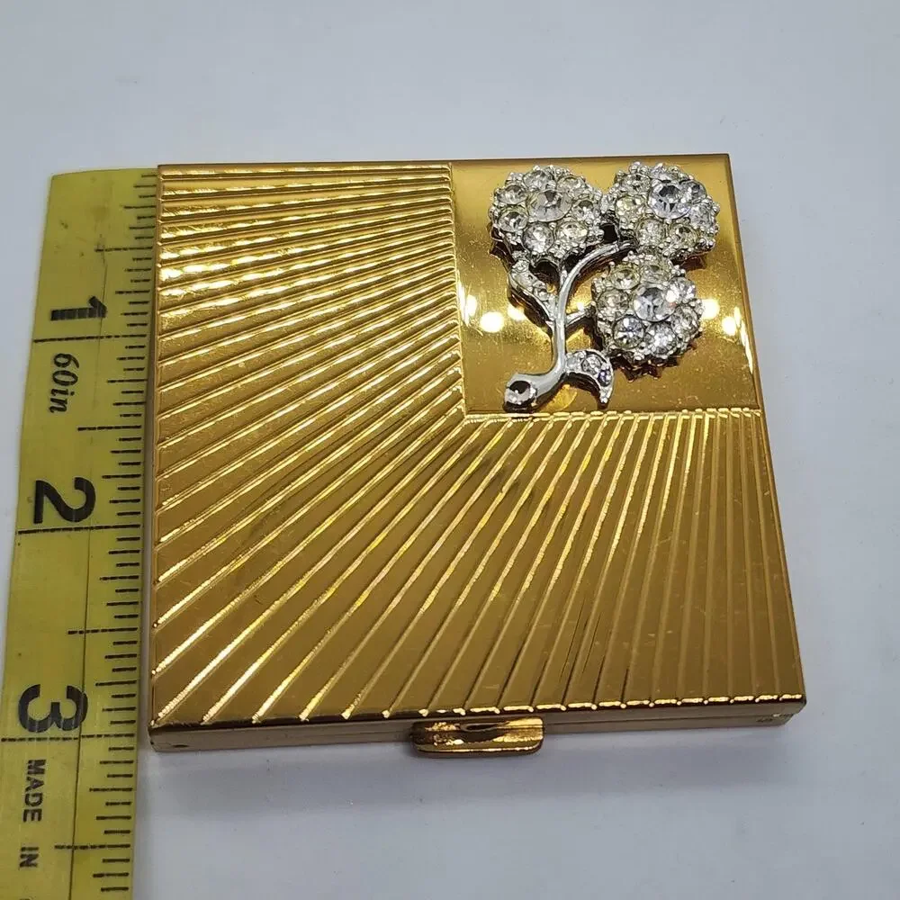Vintage Volupte Rhinestone Flower Powder Compact Gold Tone Sunburst Mirror